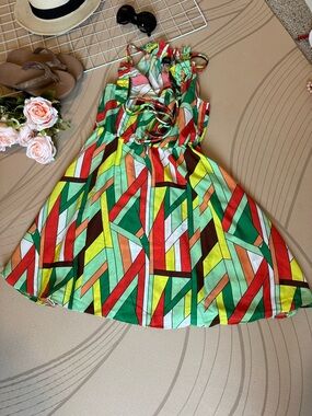 Girls Bright Geometric Print Sleeveless Dress - Multi